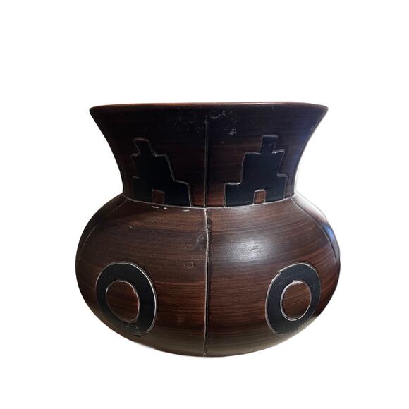 VTG Armando De Mexico Aztec Design Pottery Vessel Pot 7" Tall 7" Wide - Picture 2 of 5